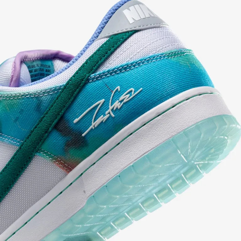 Futura Laboratories x Nike SB Dunk Low White and Geode Teal